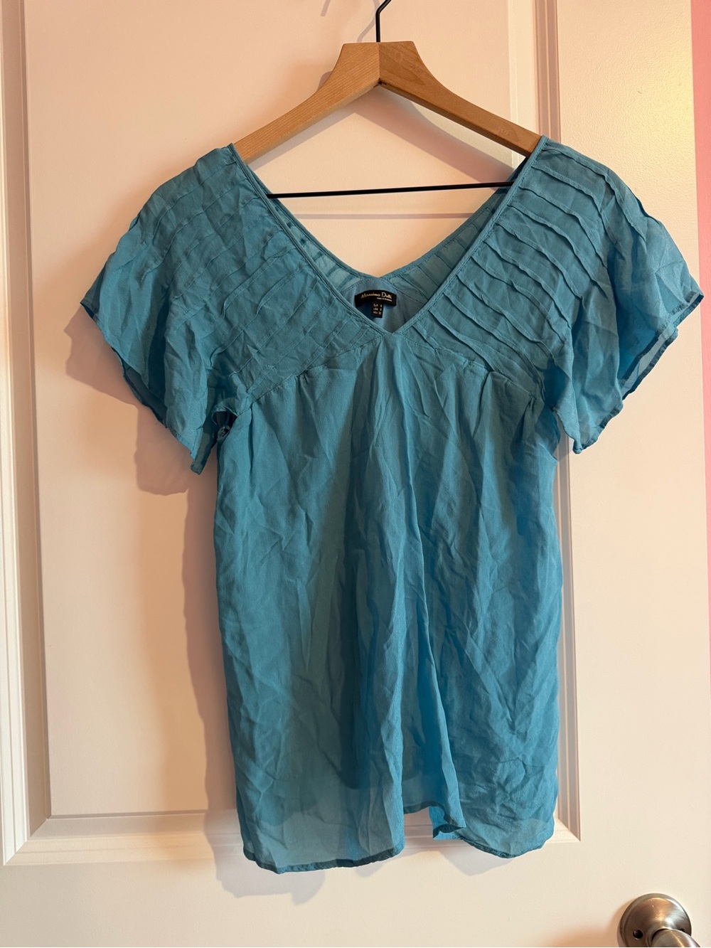 Light Blue V-Neck Pintuck Short Sleeve Blouse